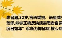 患者男,32岁,言语缓慢、语量减少,语声甚低,反应迟缓,但思维内容并不荒谬,能够正确反映现实患者自觉“脑子不灵了”、“脑子迟钝了”、“度日如年”诊断为抑郁症,核心症状是