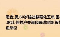 患者,男,68岁脑动脉硬化五年,因与家人发生矛盾,突然出现眩晕、枕后痛,呕吐,伴共济失调和眼球震颤,很快出现意识模糊,CT显示高密度影判断出血部位