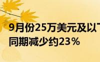 9月份25万美元及以下的现有房屋数量比去年同期减少约23％