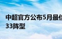 中超官方公布5月最佳阵容5月最佳阵容采用433阵型