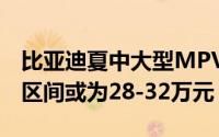 比亚迪夏中大型MPV预计1月8日上市，售价区间或为28-32万元