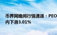 币界网晚间行情速递：PEOPLE币价跌至0.02992美元，日内下滑3.01%